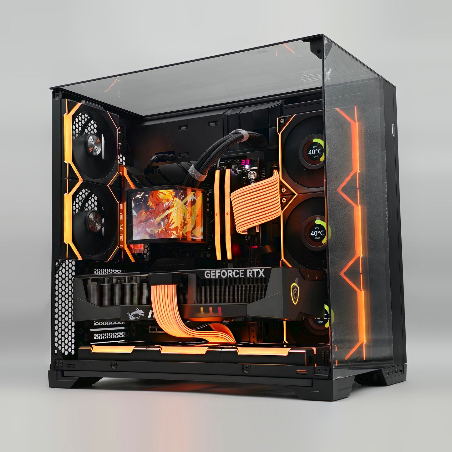 Gaming computer case with visible components on a gray background, cooler is a tryx panoramic aio, fans are lian li, case is lian li, gpu is an rtx 5090, cpu is an ryzen 7 9800x3d