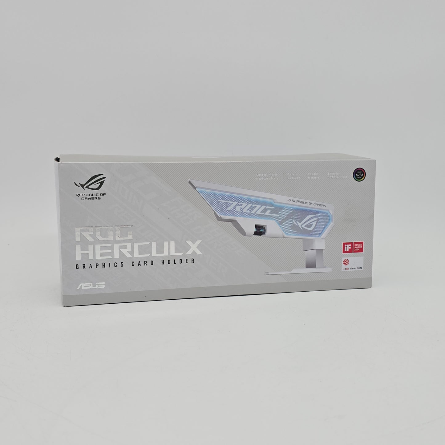 ASUS ROG Herculx graphics card holder packaging on a gray background