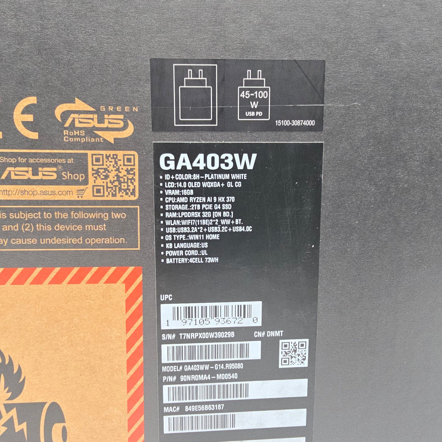 ASUS ROG Zephyrus G14 OLED, RTX 5080, Ryzen AI 9 HX 370, 32GB DDR5, 2TB NVMe, 14" QHD+ 120Hz OLED, Windows Gaming Laptop