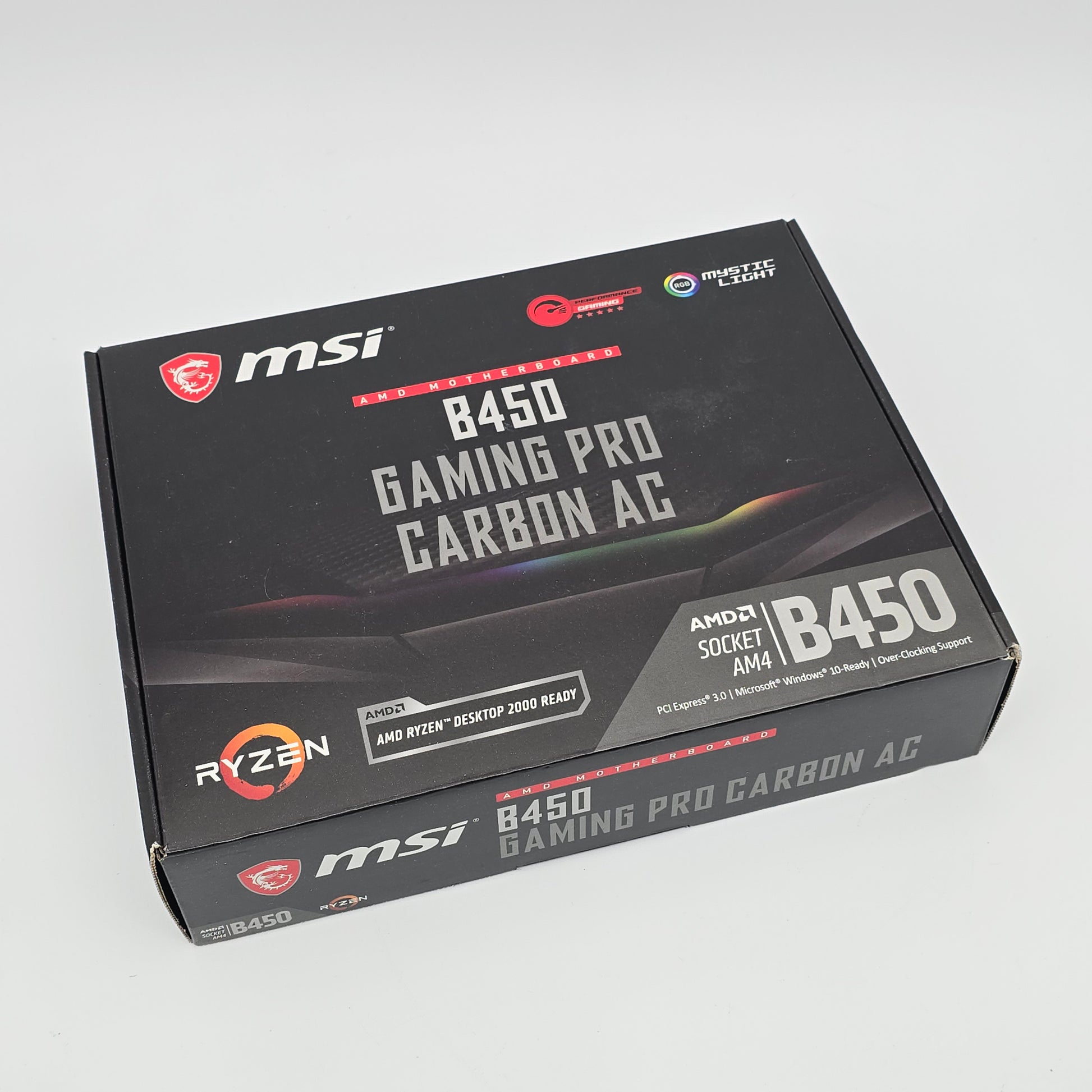 MSI B450 Gaming Pro Carbon AC motherboard packaging on a white background
