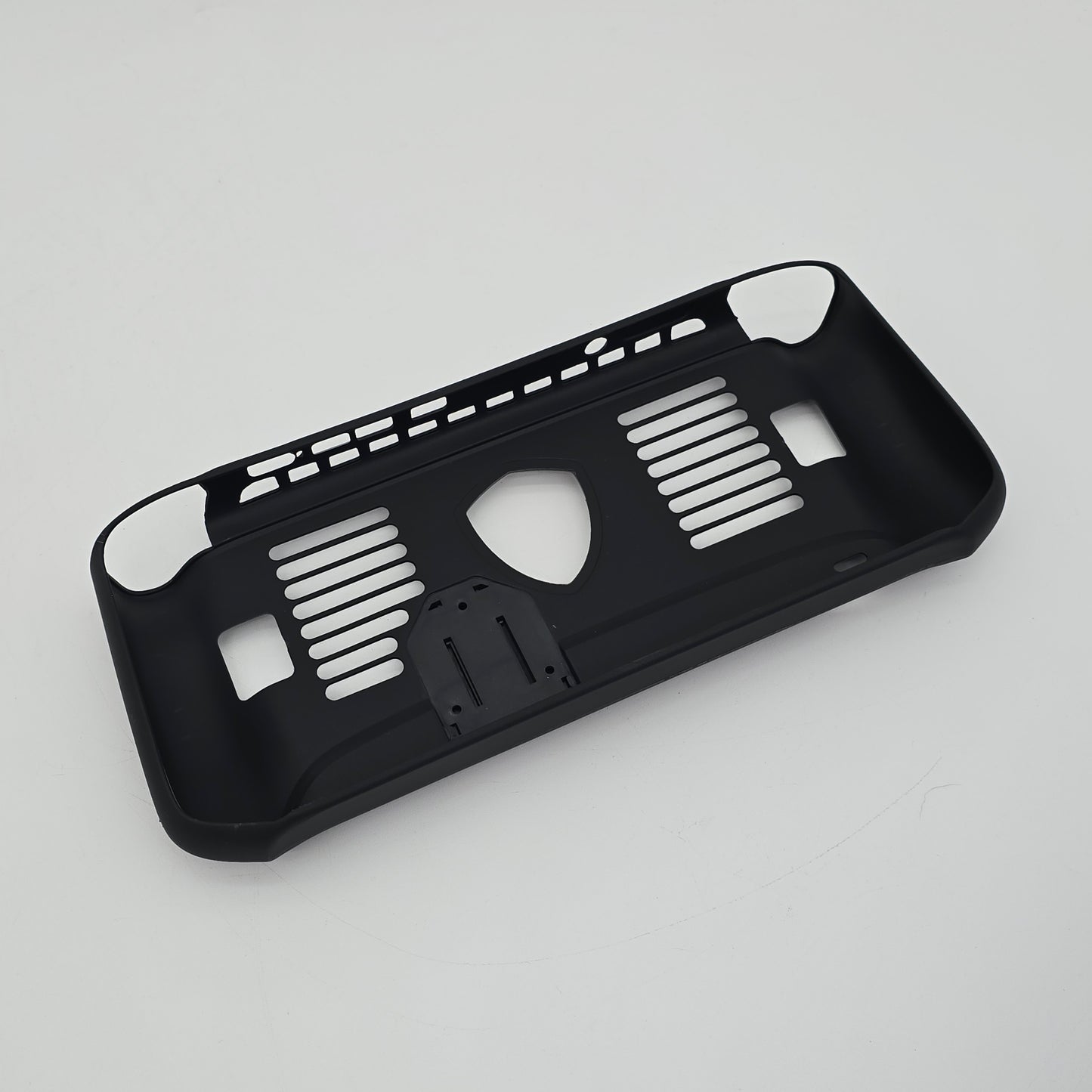 Black phone case with geometric patterns on a light gray background