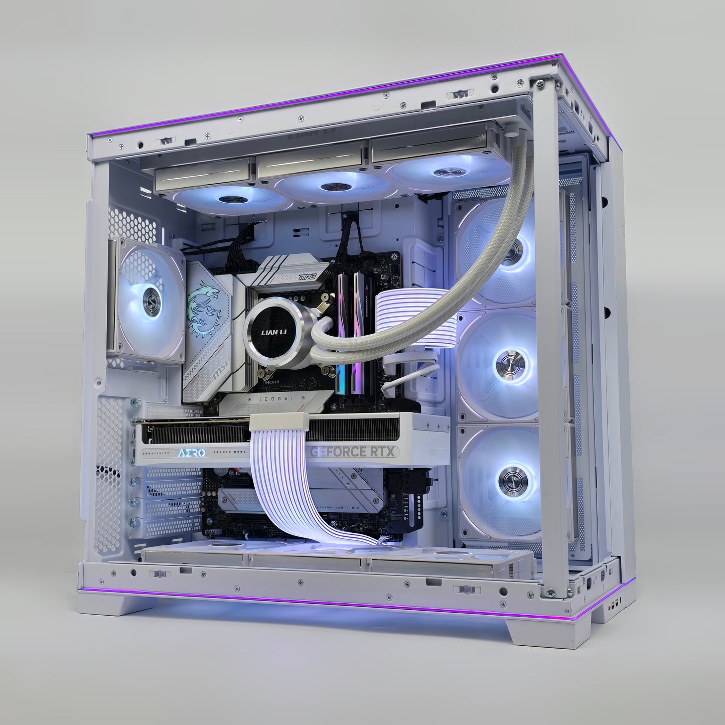 Open computer case with visible hardware components on a white background has a white rtx nvidia 5080 and an intel i9 14900k processor, very high end