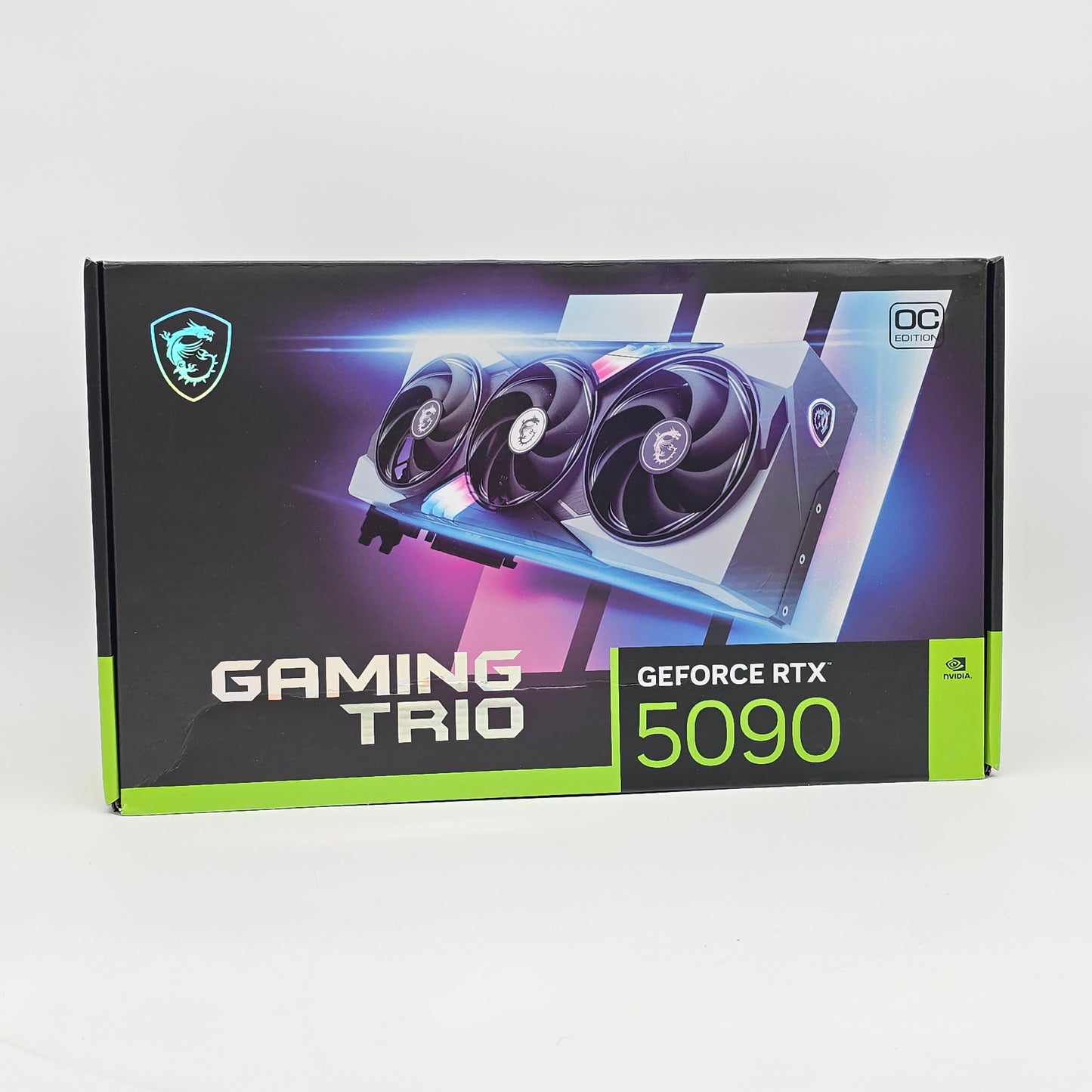 Msi Gaming Trio GeForce RTX 5090 graphics card packaging on a white background