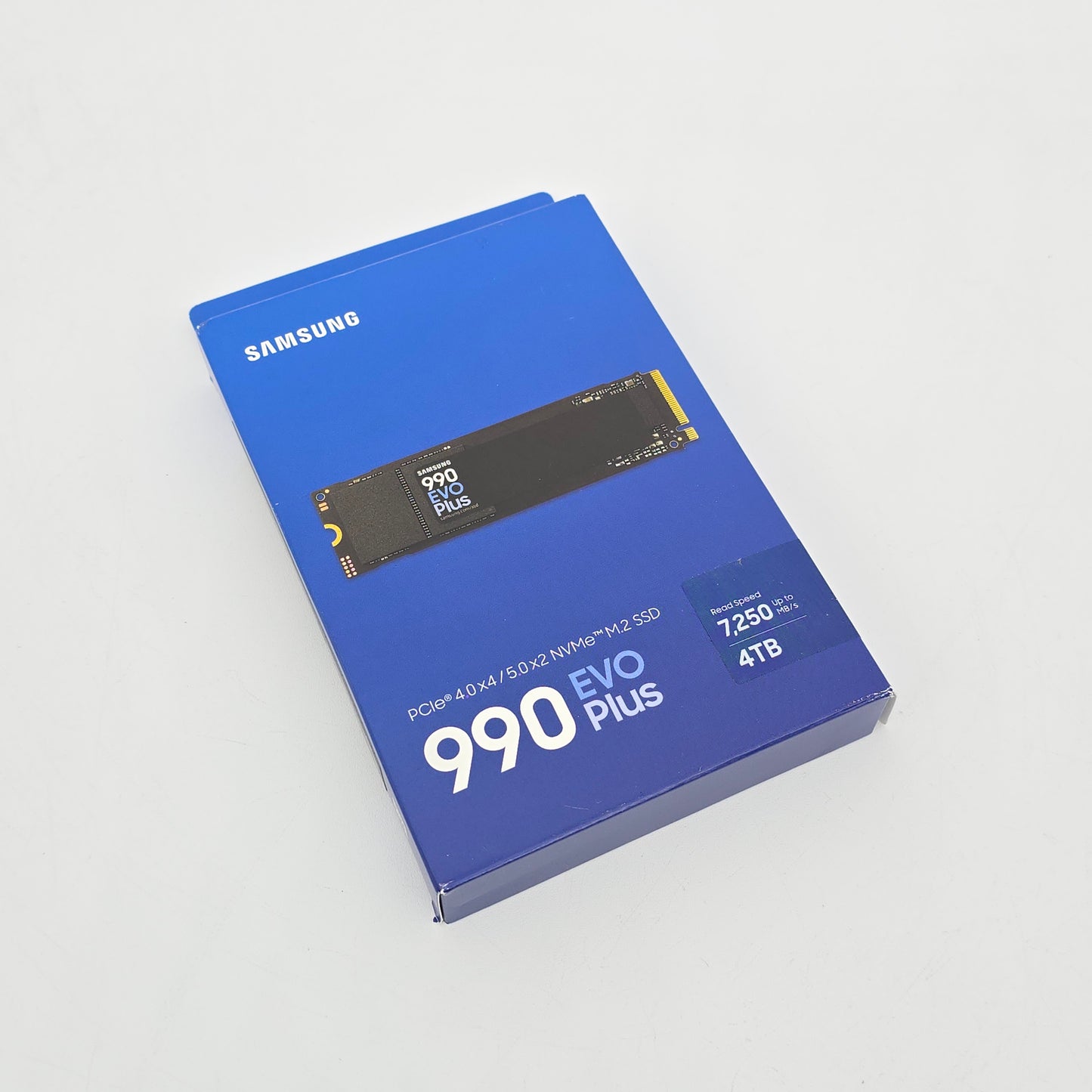 Samsung SSD packaging with blue cover on a white background