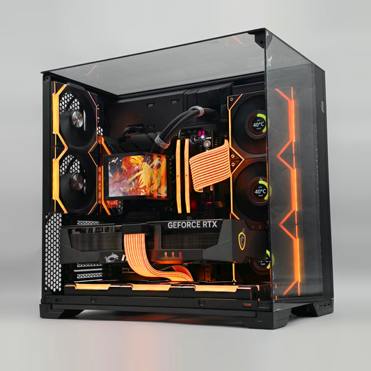 Gaming computer case with visible components on a gray background, cooler is a tryx panoramic aio, fans are lian li, case is lian li, gpu is an rtx 5090, cpu is an ryzen 7 9800x3d