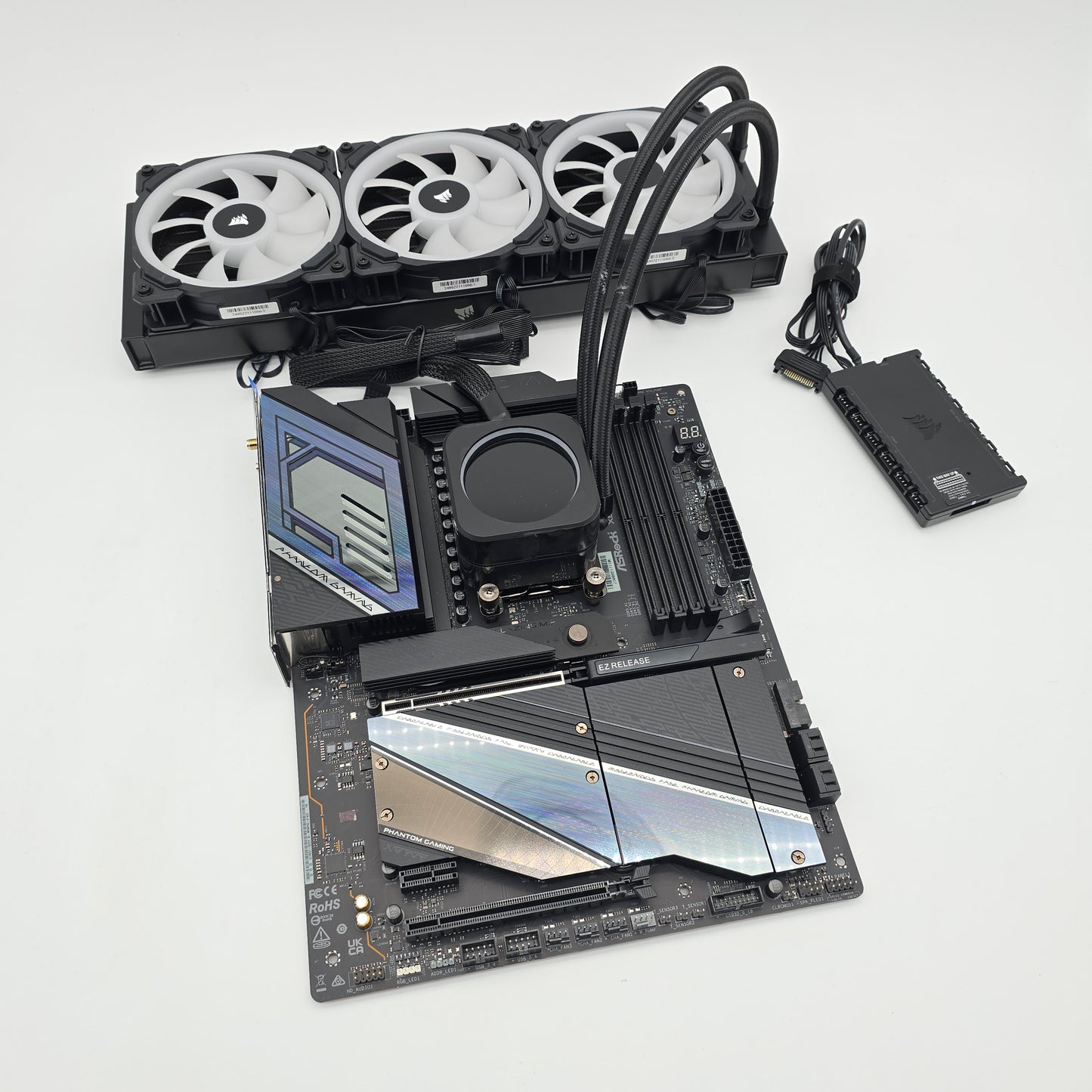 ASRock X870E Nova WiFi Desktop Motherboard, AMD Ryzen 9 7900 Processor CPU, Corsair H150i Elite LCD Liquid Cooler Combo