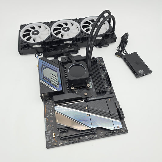 ASRock X870E Nova WiFi Desktop Motherboard, AMD Ryzen 9 7900 Processor CPU, Corsair H150i Elite LCD Liquid Cooler Combo