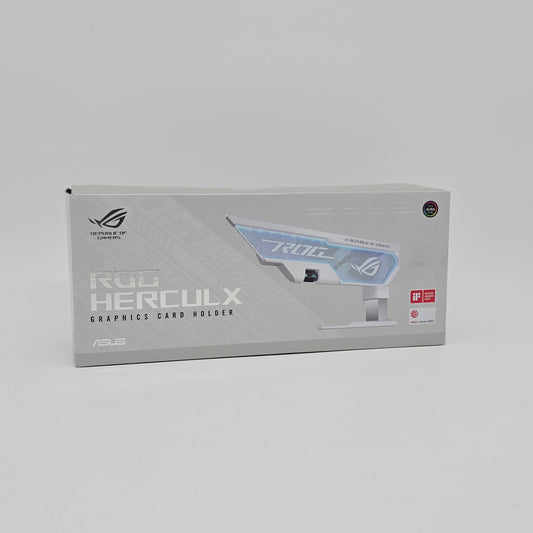 ASUS ROG Herculx graphics card holder packaging on a gray background