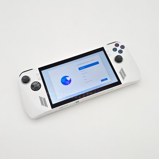 White electronic device with a screen displaying a blue icon on a light gray background
