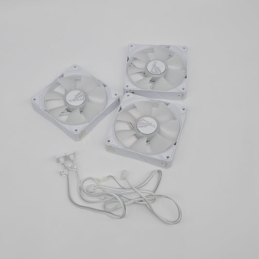 Three white computer fans with a power cable on a light gray background asus rog strix