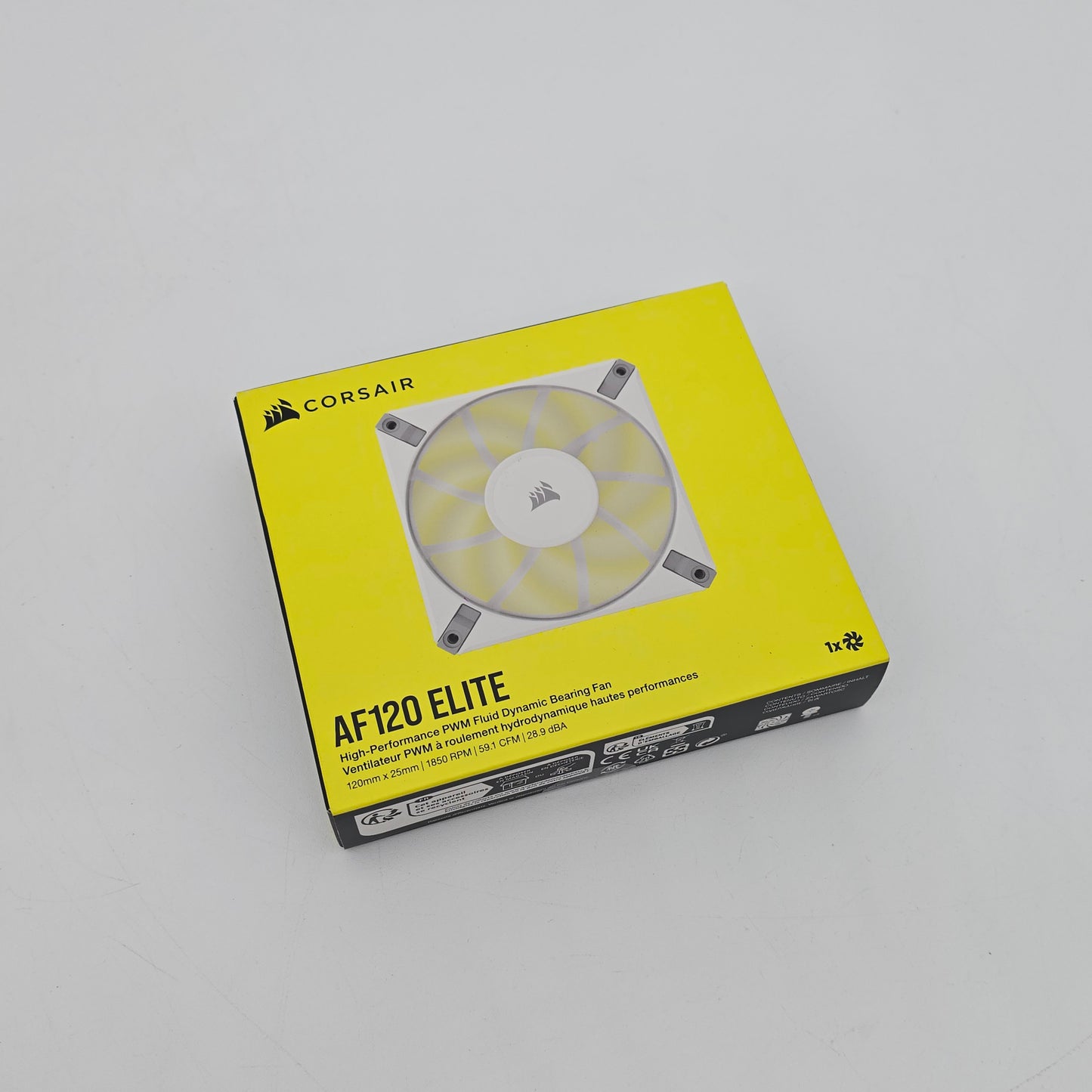 Corsair AF120 Elite fan packaging on a gray background