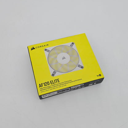 Corsair AF120 Elite fan packaging on a gray background