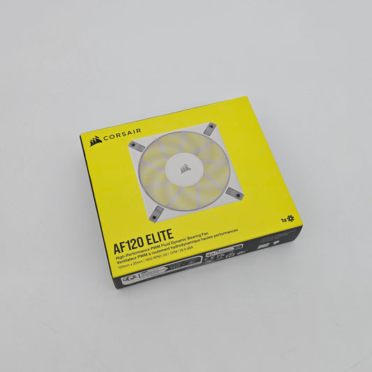 Corsair AF120 Elite fan packaging on a gray background