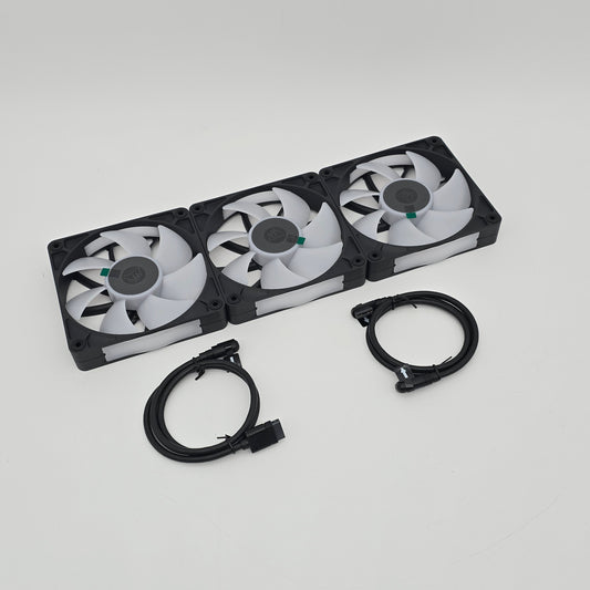 Three fans in a black holder with two additional fans, corsair rx120 model