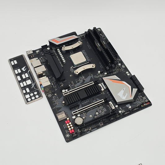 Computer motherboard on a light gray background