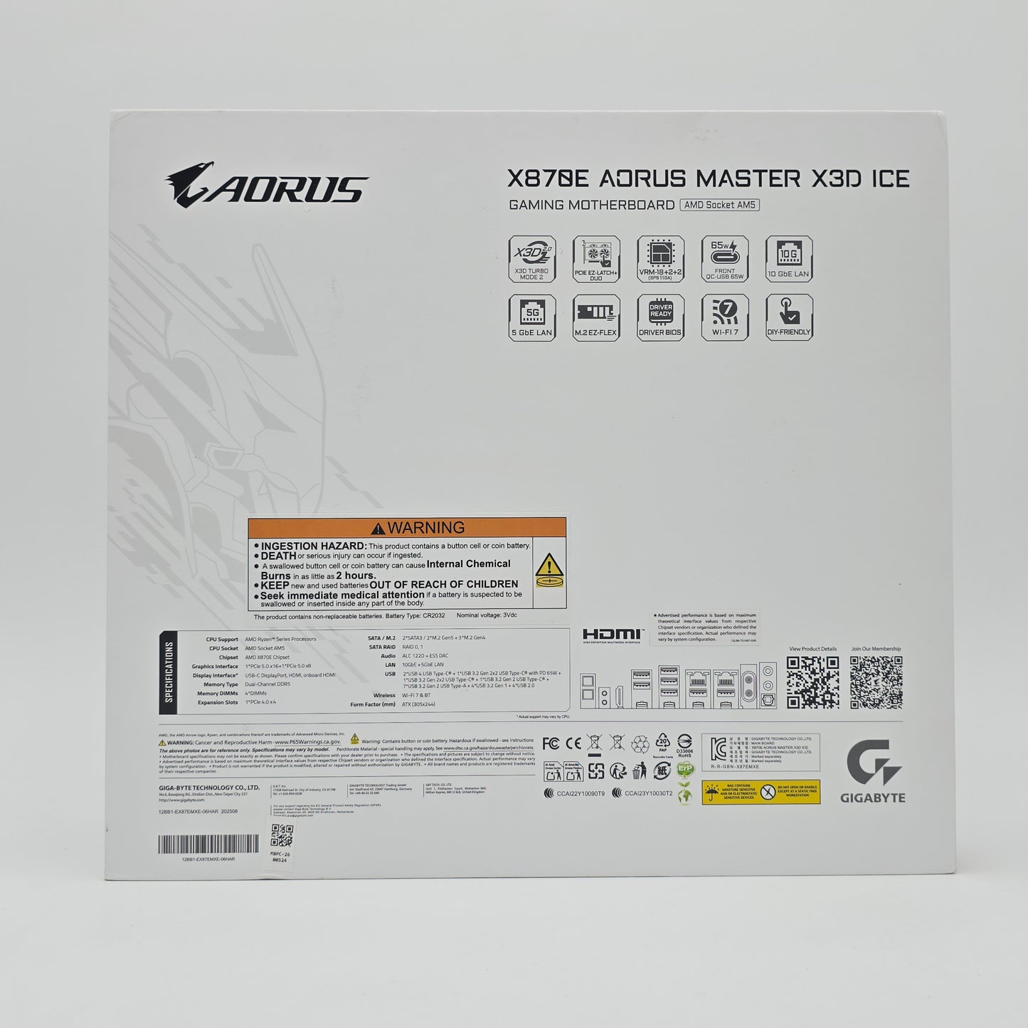 Gigabyte X870E Aorus Master X3D Ice, AMD Socket AM5 ATX Gaming Motherboard