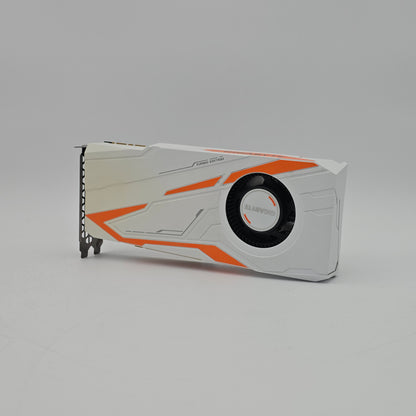 Gaming graphics card with orange and black design on a gray background