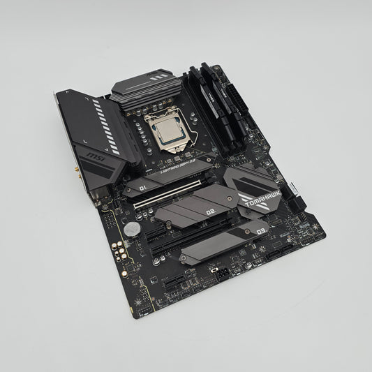 Computer motherboard on a light gray background