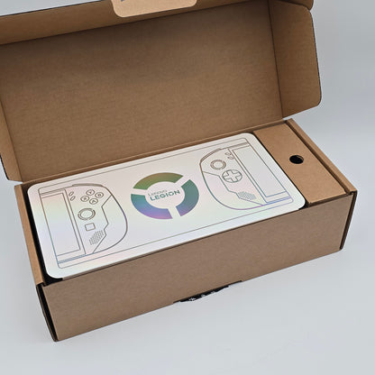 Open cardboard box with a printed design of a gaming controller and 'Legion' logo on a white background.