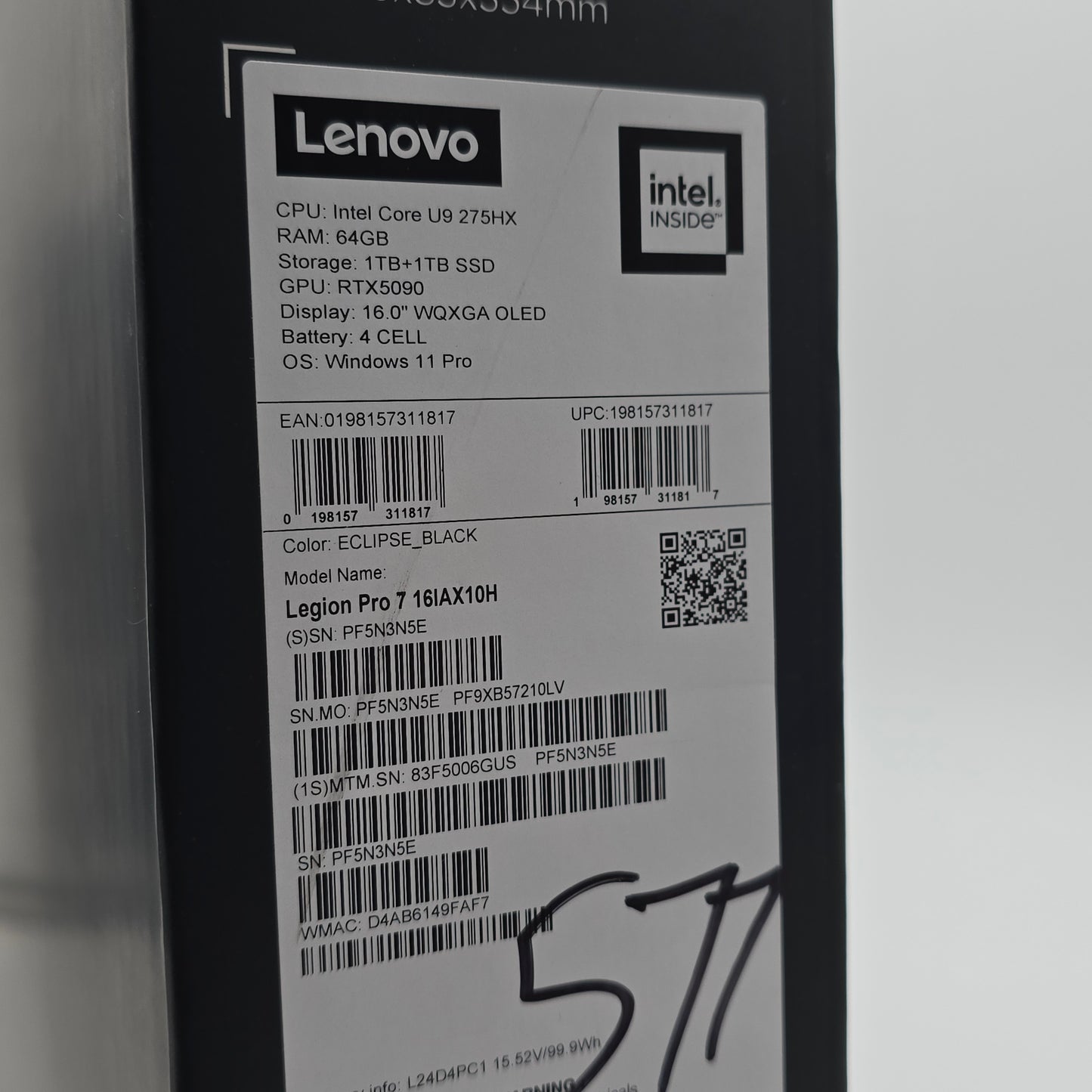 Lenovo Legion Pro 7, NVIDIA RTX 5090, Intel Ultra 9 275HX, 64GB DDR5, 2TB NVMe, 16" OLED QHD+ 240Hz, Lenovo 16IAX10H