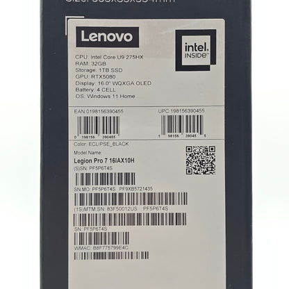 Lenovo Legion Pro 7i, RTX 5080, Intel Core Ultra 9 275HX, 32GB DDR5, 1TB NVMe, 16" WQXGA 240Hz OLED, Windows Gaming Laptop