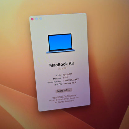 Macbook Air Apple M1 Chip, 256GB SSD, 8GB RAM, TouchID, Like New, 2 Battery Cycles