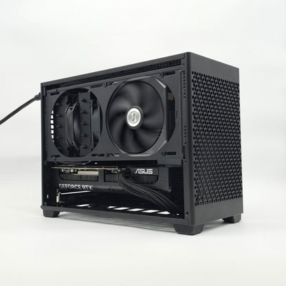Black computer case with two fans on a white background, case is an NCASE M2 model, graphics card is an NVIDIA RTX 5080 ASUS PRIME OC model