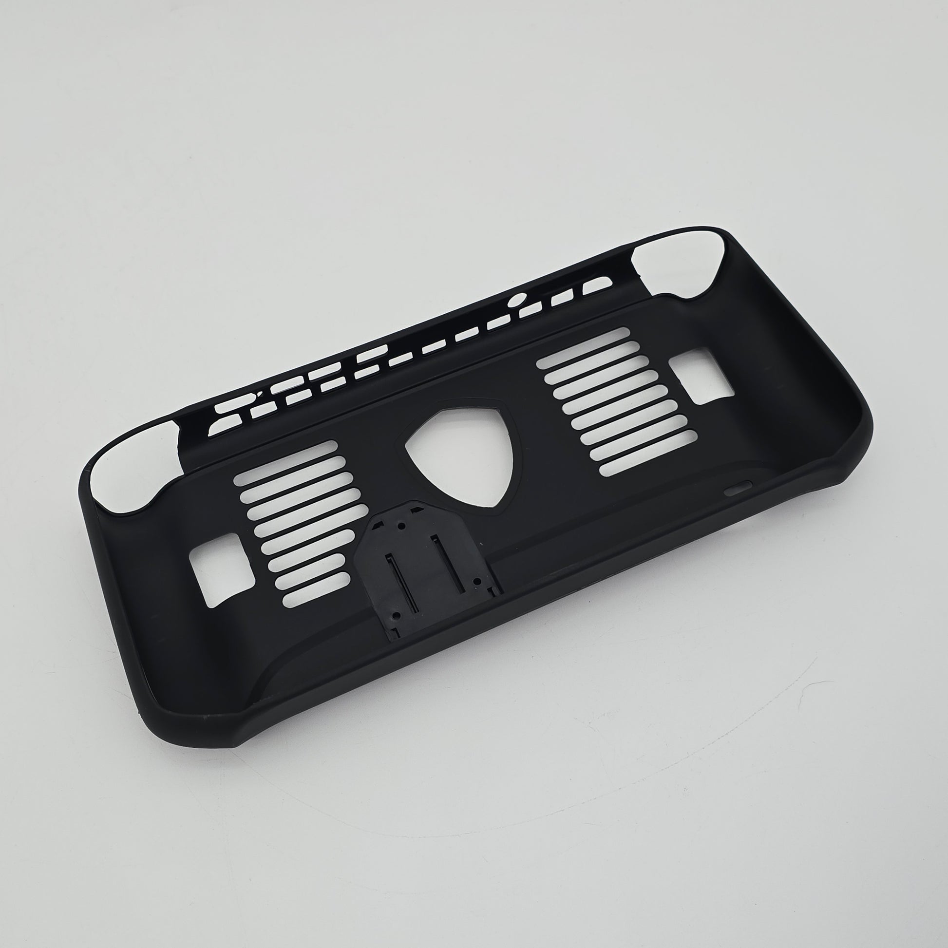 Black phone case with geometric patterns on a light gray background