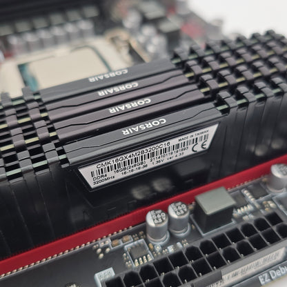 Close-up of Corsair RAM sticks on a motherboard with blurred background