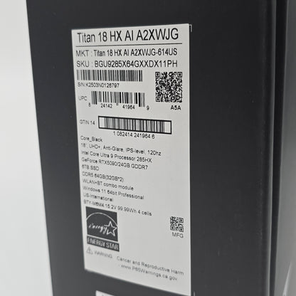 MSI Titan 18 HX AI, RTX 5090, Intel Ultra 9 285HX, 64GB RAM, 6TB NVMe, UHD+ MiniLED 120Hz Gaming Laptop