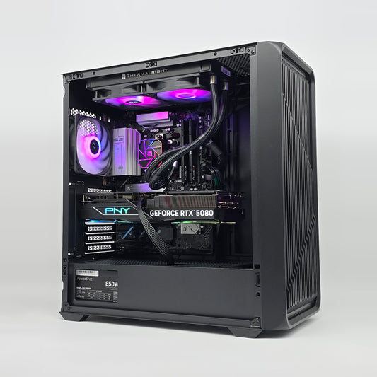 Computer case with visible hardware components on a white background