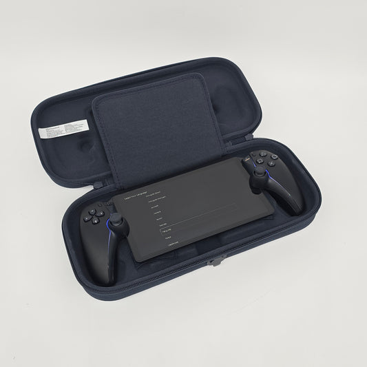 Black carrying case with a handheld gaming device inside on a light gray background, playstation portal black