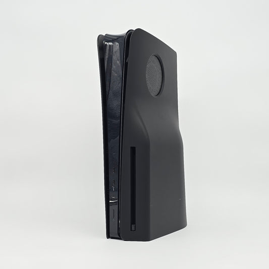 Playstation 5 slim edition with disk module attached and black faceplates