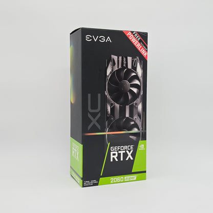 EVGA GeForce RTX graphics card packaging on a gray background