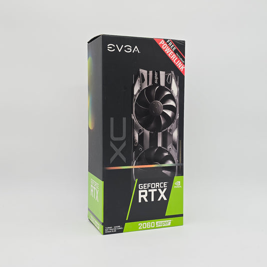 EVGA GeForce RTX graphics card packaging on a gray background