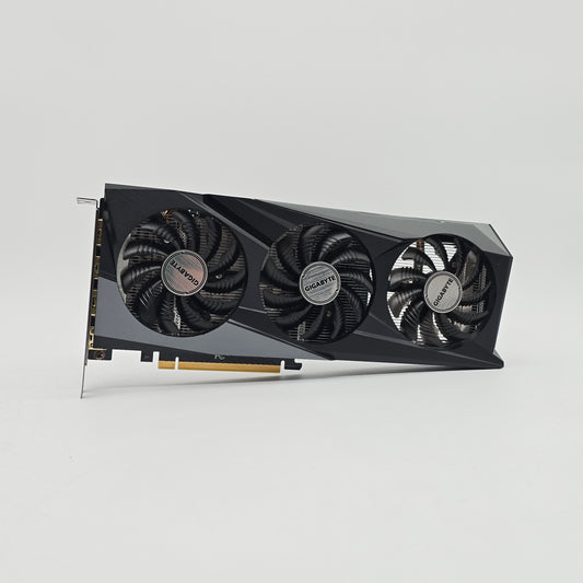 Graphics card with three fans on a light gray background