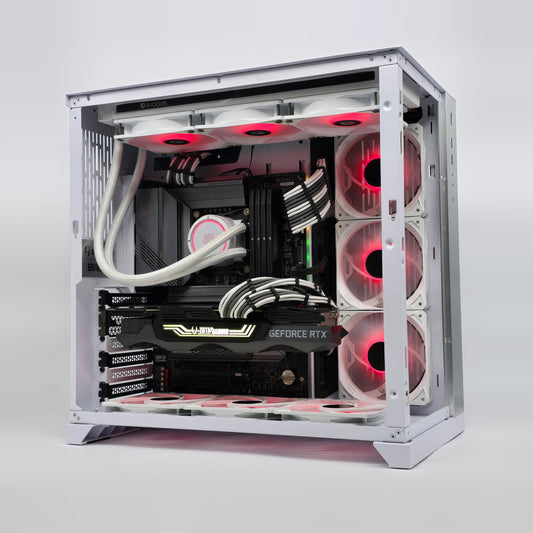 Computer case with visible internal components on a white background