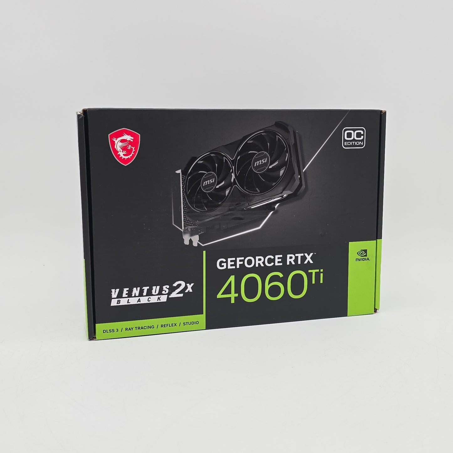MSI GeForce RTX 4060 Ti graphics card packaging on a gray background