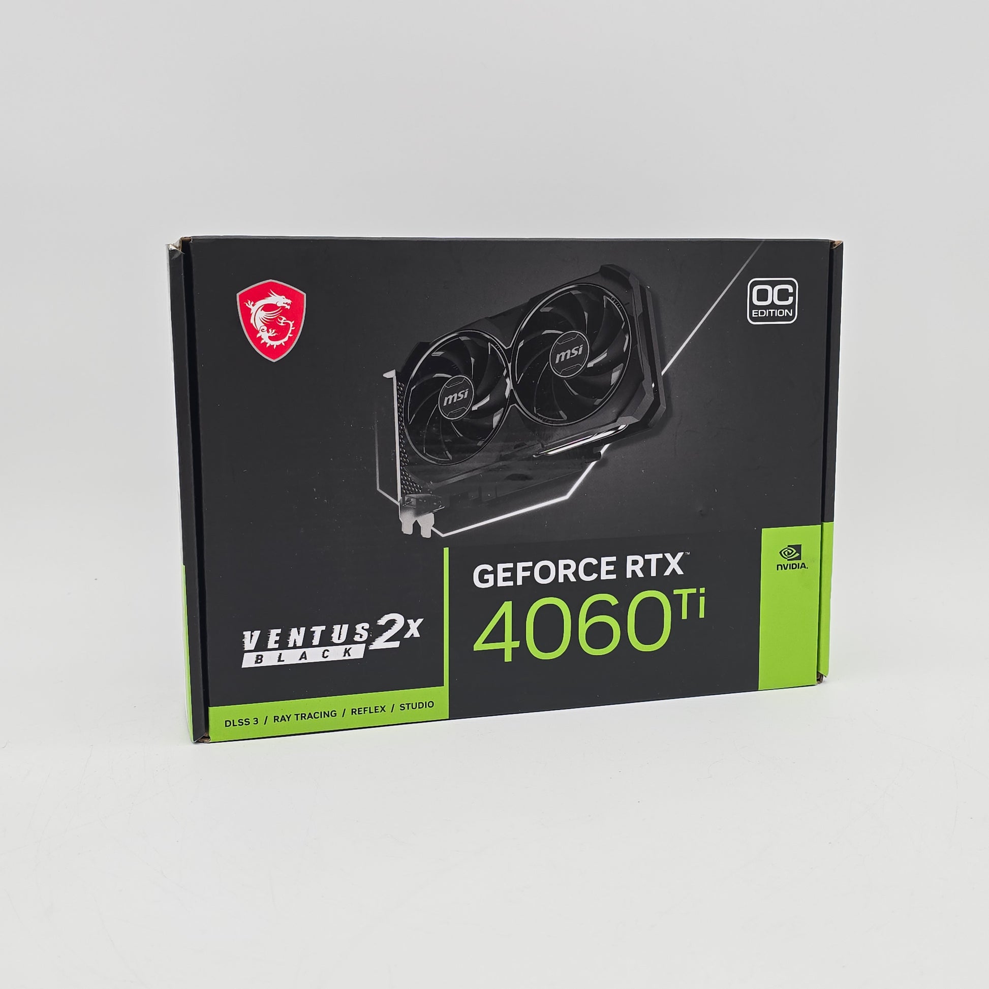 MSI GeForce RTX 4060 Ti graphics card packaging on a gray background