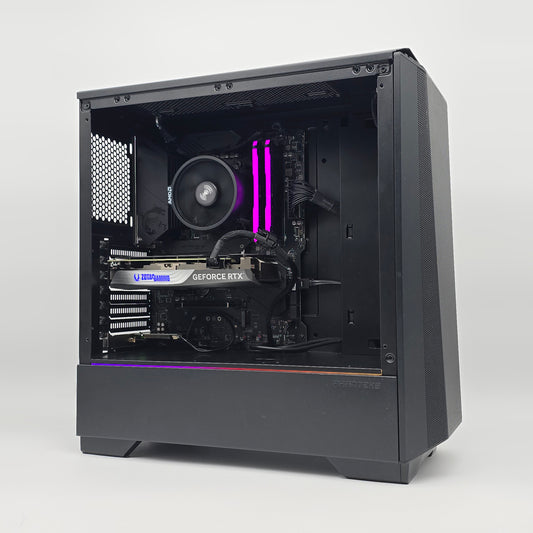 Computer case with visible internal components on a white background