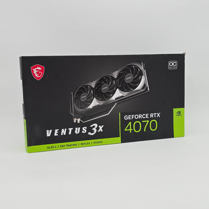 MSI GeForce RTX 4070 VENTUS 3X graphics card packaging on a gray background