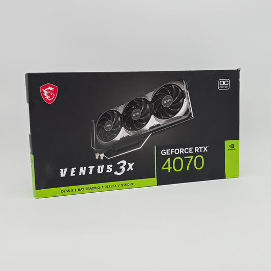 MSI GeForce RTX 4070 VENTUS 3X graphics card packaging on a gray background