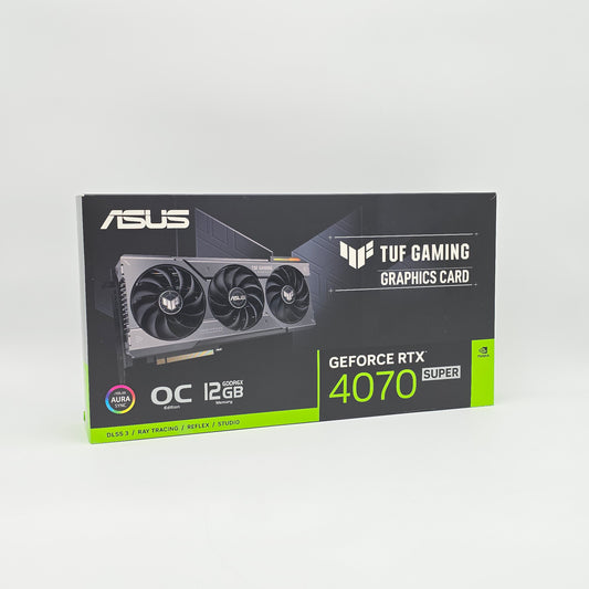 Asus TUF Gaming GeForce RTX 4070 graphics card packaging on a white background