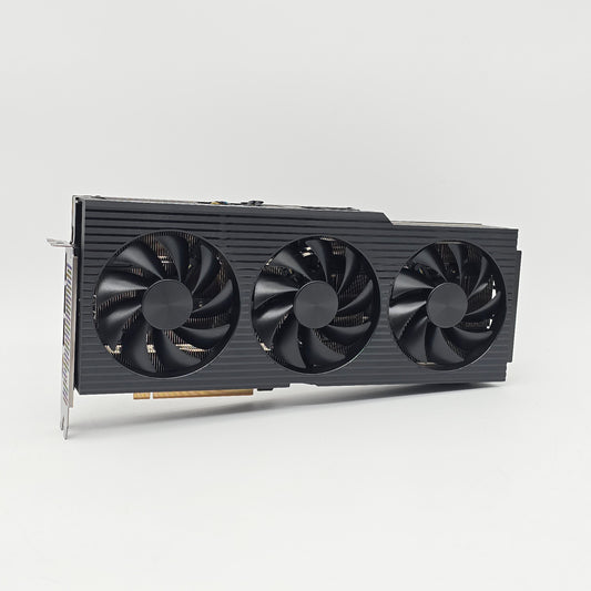 Gaming graphics card with three fans on a light gray background