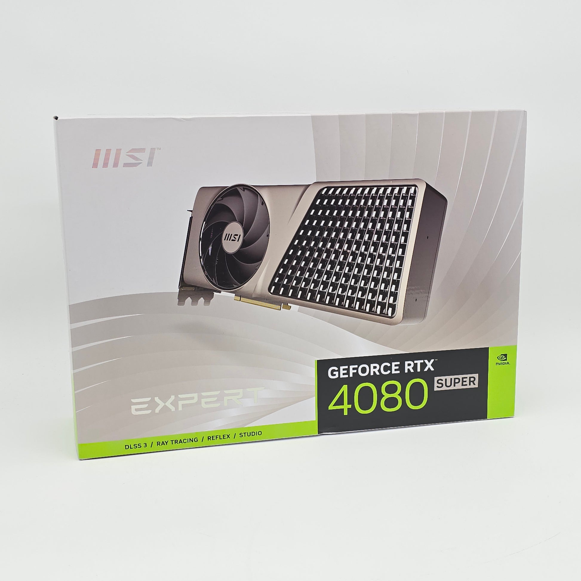 MSI GeForce RTX 4080 Super graphics card packaging on a white background