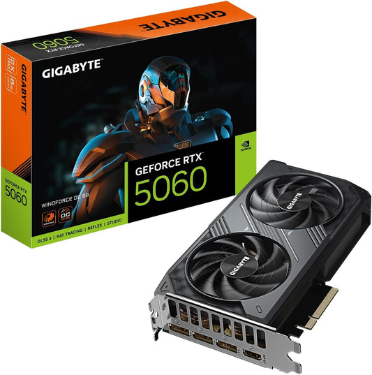 Gigabyte GeForce RTX 5060 graphics card with packaging on a white background