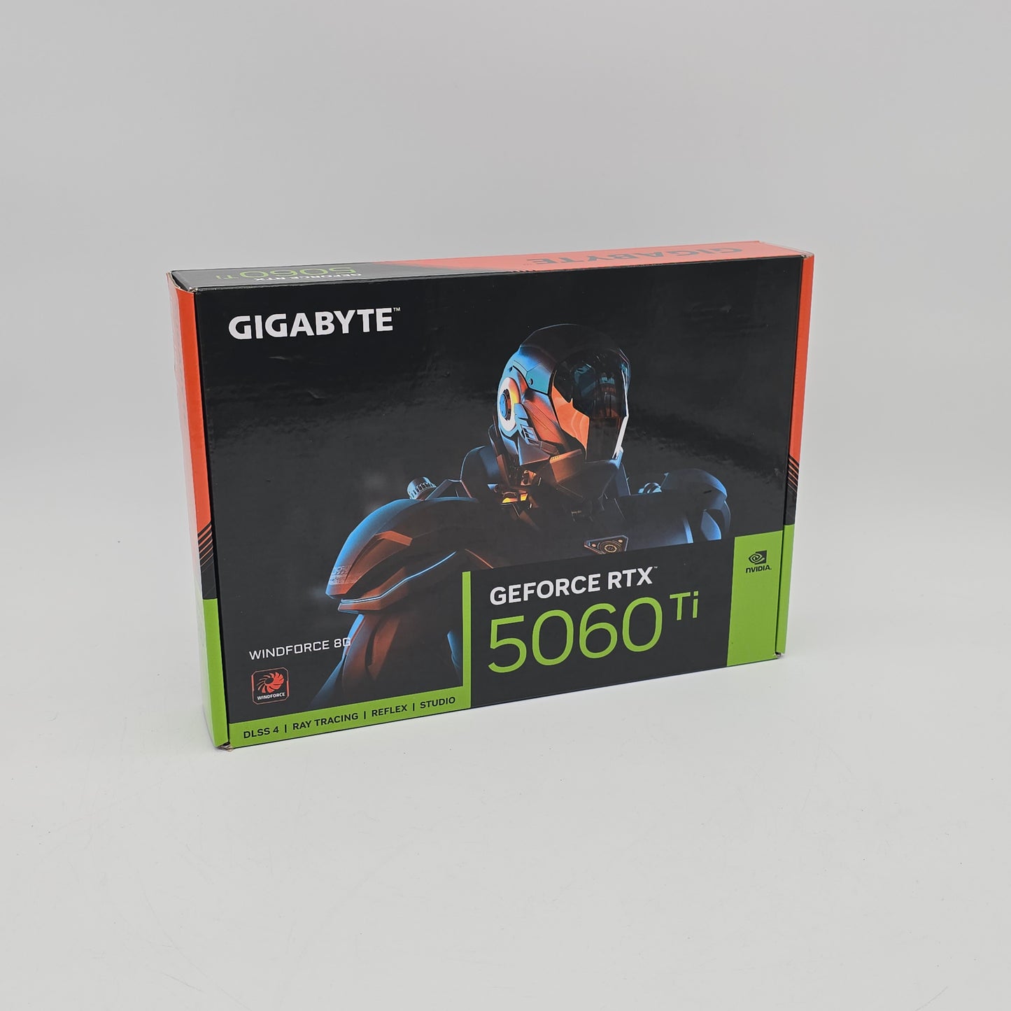 Gigabyte GeForce RTX 5060 Ti graphics card packaging on a gray background