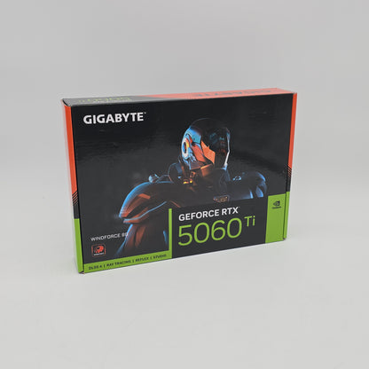 Gigabyte GeForce RTX 5060 Ti graphics card packaging on a gray background