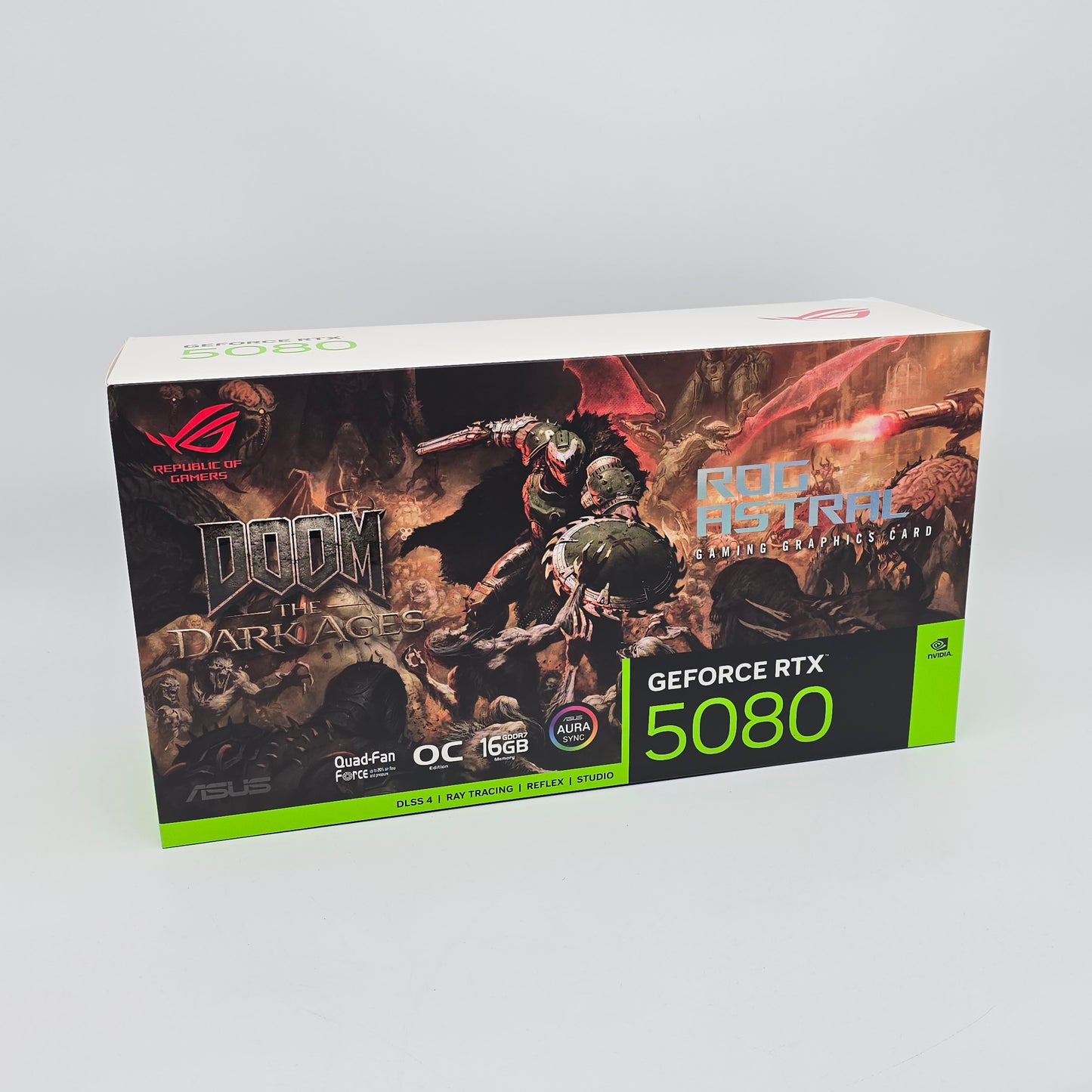 GeForce RTX 5080 graphics card packaging with 'Doom' branding on a gray background