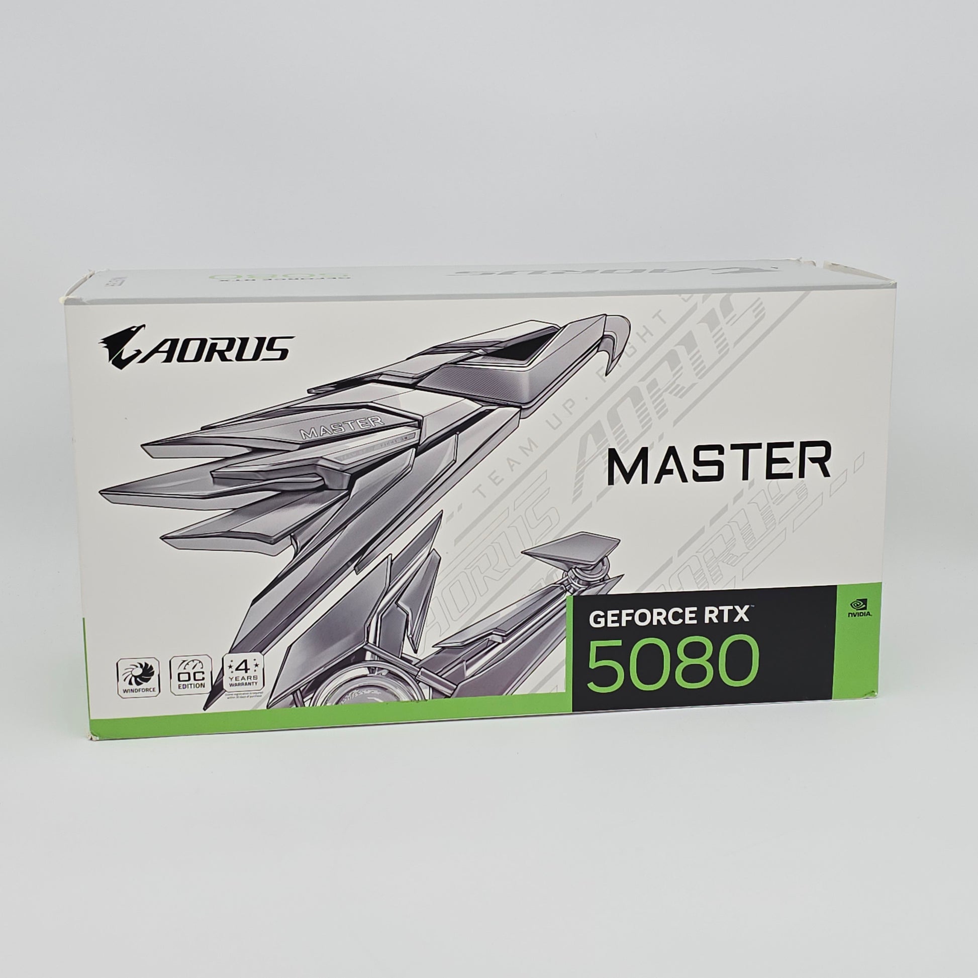 Aorus GeForce RTX 5080 graphics card packaging on a white background